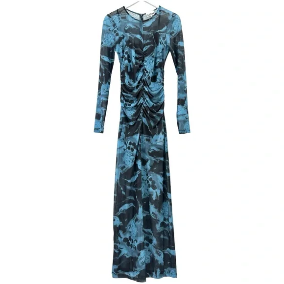 knee length dresses for ladies Printed Mesh O-neck Ruched Long Dress